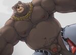  1boy bara bear ben_bigger chain chizo_(chizo67) cigarette commentary english_commentary fat from_below furry gold_chain highres male_focus male_pubic_hair muscular muscular_male penis plump pubic_hair scar scar_on_face self-upload smoking solo testicles zenless_zone_zero 