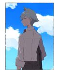  1boy border closed_mouth cloud commentary_request day grey_eyes grey_hair highres jacket jacket_removed kotan_(cho_mateyo) looking_at_viewer looking_back male_focus necktie outdoors pants pokemon red_necktie shirt short_hair sky sleeves_rolled_up smile steven_stone white_border 