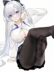  1girl argus_(a_hundred_sleepless_eye)_(azur_lane) argus_(azur_lane) arm_rest azur_lane black_pantyhose black_skirt blue_eyes blunt_bangs braid breasts cleavage collared_shirt feet gelasi hair_ribbon hand_up highres large_breasts legs_up long_hair long_sleeves looking_at_viewer official_alternate_costume panties panties_under_pantyhose pantyhose parted_lips partially_unbuttoned ribbon school_uniform shirt simple_background sitting skirt solo toes underwear white_background white_hair white_shirt 