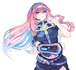  1girl absurdres aqua_nails beekan belt black_skirt black_vest blue_eyes breasts closed_mouth commentary_request detached_sleeves gold_trim hair_between_eyes hand_up headset high_collar highres large_breasts light_blush long_hair looking_at_viewer megurine_luka midriff_peek navel pink_hair side_slit single_detached_sleeve skirt smile solo upper_body vest vocaloid white_background 