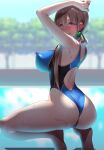  1girl :p andou_you arms_up ass back_cutout blonde_hair blue_one-piece_swimsuit blurry blurry_background blush bright_pupils clothing_cutout competition_swimsuit covered_nipples hair_ornament long_hair looking_back one-piece_swimsuit original purple_eyes sky solo squatting swimsuit tongue tongue_out tree two-tone_one-piece_swimsuit water wet wet_clothes wet_swimsuit white_pupils 