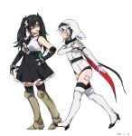  2girls :o armored_boots bandaid bandaid_on_leg bare_shoulders black_hair black_skirt black_thighhighs blush boots cape dunant_pilse elbow_gloves eye_contact eye_mask frilled_skirt frills gloves grey_background grey_footwear grey_leotard grey_mask high_heel_boots high_heels highres hood hood_up hooded_leotard leotard long_hair looking_at_another multiple_girls shirt short_hair shy_(character) shy_(series) simple_background skirt takatisakana thigh_boots thighhighs twintails white_hair white_shirt 