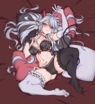  1girl ass_visible_through_thighs bra breasts demon_girl demon_horns demon_tail elbow_gloves gloves grey_eyes grey_hair highres horns large_breasts leone145wb long_hair looking_at_viewer lying maid_headdress navel on_back panties pillow pointy_ears pubic_tattoo ribbon solo spread_legs tail tattoo teeth thighhighs underwear vei_(vtuber) virtual_youtuber vshojo 
