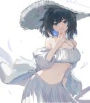  1girl alternate_costume arknights bare_shoulders black_hair blue_eyes breasts cleavage commentary grin hand_up hat jewelry kjera_(arknights) large_breasts long_sleeves looking_at_viewer off-shoulder_shirt off_shoulder pendant shirt short_hair simple_background skirt skirt_set smile solo upper_body v wawamachi_(wawamachis) white_background white_shirt white_skirt 