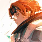  1girl animification apex_legends chromatic_aberration floating_hair goggles goggles_on_head highres horizon_(apex_legends) looking_ahead orange_eyes orange_hair parted_lips short_hair solo spacesuit white_background ya_ya_(jiling651) 