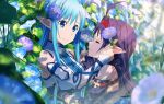  2girls ahoge asuna_(sao-alo) blue_eyes blue_flower blue_hair blurry blurry_foreground closed_eyes closed_mouth detached_sleeves fingerless_gloves flower from_side gloves hair_intakes hairband holding_hands long_hair looking_at_another multiple_girls pointy_ears purple_flower purple_gloves purple_hair purple_sleeves red_hairband smile sunlight sword_art_online yuuki_(sao) 