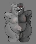  &lt;3 2023 anthro balls bear belly big_balls big_belly black_body black_fur bodily_fluids danganronpa flaccid fur genitals grey_background hands_on_hips hi_res locitony male mammal monokuma moobs navel nipples open_mouth outie_navel penis red_eyes round_ears sharp_teeth simple_background small_penis solo split_form sweat sweaty_balls sweaty_genitalia teeth white_body white_fur wide_hips 