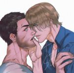  2boys bara beard brown_hair chris_redfield eye_contact facial_hair forehead-to-forehead from_side gge_(gebback_dark) grabbing_another&#039;s_chin hand_on_another&#039;s_chin heads_together large_pectorals leon_s._kennedy looking_at_another male_focus mature_male multiple_boys muscular muscular_male pectorals resident_evil resident_evil_4 resident_evil_4_(remake) short_hair stubble upper_body veins yaoi 