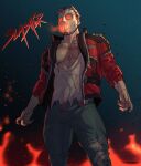  1boy ashes bara denim fire highres hockey_mask jacket jeans mask mature_male muscular muscular_male night night_sky official_alternate_costume open_clothes open_jacket overwatch overwatch_1 paid_reward_available pants pectoral_cleavage pectorals red_jacket scar scar_on_chest shirt shoulder_spikes signature sky slasher:_76 soldier:_76_(overwatch) solo spikes tank_top thedamnthinguy torn_clothes torn_jeans torn_pants torn_shirt white_hair white_tank_top 