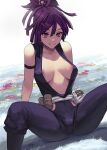  1girl bare_shoulders black_armband black_hair breasts collarbone highres jigokuraku large_breasts looking_at_viewer medium_breasts medium_hair ninja nipple_slip nipples purple_hair purple_robe revision robe sash smile solo spread_legs topknot white_sash yuzuriha_(jigokuraku) zefrableu 