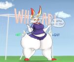  6:5 anthro bottomwear chubby_female clothing confident female generation_8_pokemon hotpants huge_thighs lagomorph mammal nintendo pokemon pokemon_(species) scorbunny shorts slightly_chubby soccer_goal soccer_uniform solo speech_bubble sportswear thatoneaceguy thick_thighs thigh_slap tight_clothing uniform 