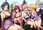  5girls black_jacket black_panties blonde_hair blue_hair blush breasts camisole cleavage collarbone cover cover_page dark_blue_hair doujin_cover eye_contact facing_another feet_out_of_frame grey_hair gyaru hand_on_another&#039;s_shoulder hand_on_another&#039;s_thigh hayami_kanade highres ichinose_shiki idolmaster idolmaster_cinderella_girls indoors jacket jougasaki_mika kogal large_breasts lipps_(idolmaster) looking_at_another looking_at_viewer medium_breasts miyamoto_frederica multiple_girls nazu-na panties pantyshot pink_car pink_hair plant potted_plant purple_camisole purple_hair purple_shirt school_uniform shiomi_syuko shirt sideboob sitting smile squatting underwear 