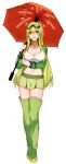  1girl archived_source boots breasts full_body goggles goggles_on_head green_hair green_skirt green_thighhighs hair_between_eyes holding holding_umbrella katagiri_hachigou lilligant long_hair long_sleeves medium_breasts miniskirt navel open_mouth orange_umbrella over_shoulder personification pokemon red_eyes simple_background skirt smile solo thigh_boots thighhighs umbrella umbrella_over_shoulder very_long_hair white_background 