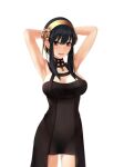  1girl :d armpits arms_up black_dress black_hair blush breasts cleavage cowboy_shot dress earrings gold_hairband hair_between_eyes hairband jewelry large_breasts looking_at_viewer nonaka_ritsu open_mouth red_eyes sidelocks simple_background smile solo spy_x_family standing white_background yor_briar 