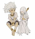  2boys :o aged_down anklet black_shorts blush bracelet brothers dark_souls_(series) dark_souls_i dark_souls_iii dark_sun_gwyndolin dress facing_another fur-trimmed_shorts fur_trim grey_dress grey_hair grey_shirt habit highres holding holding_staff invisible_chair jewelry long_hair looking_at_another male_focus multiple_boys nameless_king otoko_no_ko shirt short_sleeves shorts siblings simple_background sitting smile staff teeth zunkome 
