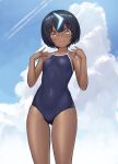  1girl bare_shoulders black_hair blue_one-piece_swimsuit blush breasts brown_eyes covered_navel dark-skinned_female dark_skin fate/grand_order fate_(series) highres looking_at_viewer multicolored_hair one-piece_swimsuit ranma_(kamenrideroz) school_swimsuit short_hair small_breasts smile solo streaked_hair swimsuit wandjina_(fate) 