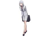  1girl arms_behind_back black_footwear breasts business_suit choker cleavage duoyuanjun earpiece formal full_body girls&#039;_frontline grey_hair half-closed_eyes holding holding_suitcase id_card jacket large_breasts leaning_forward long_skirt long_sleeves no_socks official_alternate_costume official_art open_mouth purple_shirt rpk-16_(girls&#039;_frontline) shirt shoes short_hair simple_background skirt smile solo standing suit suitcase teeth transparent_background upper_teeth_only white_choker white_jacket white_skirt 
