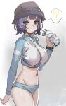  1girl ? black_headwear blue_archive bottle bow_(bhp) breasts gradient_background grey_background holding holding_bottle large_breasts long_sleeves looking_at_viewer midriff navel official_alternate_costume purple_hair saki_(blue_archive) saki_(swimsuit)_(blue_archive) short_hair spoken_question_mark 