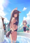  3girls adjusting_clothes adjusting_swimsuit animal_ear_fluff animal_ears ass back_cutout bench blue_one-piece_swimsuit blush breasts brown_hair cat_ears cat_girl cat_tail closed_eyes closed_mouth clothing_cutout cloud commentary_request competition_swimsuit crossed_arms dog_ears dog_tail fountain from_behind highres long_hair looking_at_viewer looking_back medium_breasts multiple_girls one-piece_swimsuit open_mouth original outdoors parted_lips pink_eyes short_hair sky small_breasts smile spaghetti_strap standing swimsuit tail tenjou_ryuka thighs wading water 