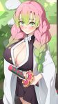  1girl band_(skymole01) blush braid breasts cleavage demon_slayer_uniform gradient_hair green_eyes green_hair highres japanese_clothes kanroji_mitsuri kimetsu_no_yaiba large_breasts long_hair long_sleeves looking_at_viewer mole mole_under_eye multicolored_hair pink_hair smile solo tagme twin_braids 