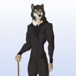  anthro black_body black_fur brown_body brown_fur cane canid canine canis classy clothing depictionexpress fur green_eyes hi_res looking_away male mammal multicolored_body multicolored_fur simple_background solo solo_focus suit tan_body tan_fur wolf 