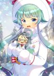  &gt;_&lt; 2girls :d blue_archive blue_eyes blue_sky blurry blurry_background blush bow closed_eyes coat commentary_request day depth_of_field fur-trimmed_coat fur-trimmed_hood fur-trimmed_sleeves fur_trim gloves green_hair grey_hair hood hood_up hooded_coat kou_hiyoyo long_hair long_sleeves looking_at_viewer meru_(blue_archive) mini_person minigirl momiji_(blue_archive) multicolored_hair multiple_girls outdoors red_bow red_sweater sky smile snowflakes sweater tree two-tone_hair very_long_hair white_coat white_gloves xd 