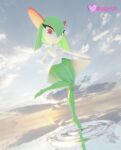  3d_(artwork) absurd_res anthro ballet bottomwear clothed clothing cloud digital_media_(artwork) fantasy female generation_3_pokemon green_body green_hair hair hi_res kirlia levitation light looking_at_viewer nintendo on_one_leg pokemon pokemon_(species) raised_bottomwear raised_clothing raised_skirt red_eyes renyartz skirt sky solo standing sunlight water white_body 