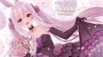  1girl :d animal_ears balloon bare_shoulders black_dress black_gloves blush bouquet breasts character_name cleavage collarbone commentary_request dress elbow_gloves flower gloves grey_hair hair_flower hair_ornament hitsuki_rei holding holding_bouquet indie_virtual_youtuber layered_dress long_hair looking_at_viewer medium_breasts milestone_celebration multicolored_hair nica_wolper petals pink_flower pink_rose pleated_dress purple_flower purple_rose rabbit_ears red_eyes red_hair rose skirt_hold smile solo strapless strapless_dress streaked_hair twintails very_long_hair virtual_youtuber white_flower white_rose 