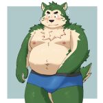  2023 anthro belly big_belly black_nose blush canid canine canis domestic_dog green_body hi_res kemono lifewonders live_a_hero male mammal mokdai moobs navel nipples overweight overweight_male simple_background solo yaki_atsuage 