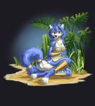  absurd_res anthro armor blue_hair canid canine female fox fur fur_markings gold_(metal) green_eyes hair hi_res kirillk krystal mammal markings multicolored_body multicolored_fur nintendo simple_background sitting solo star_fox tongue tongue_out 