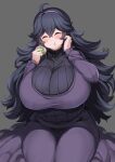  1girl ^_^ absurdres ahoge alternate_breast_size black_hair blush breasts closed_eyes closed_mouth covered_nipples dress eating food food_in_mouth food_on_face gigantic_breasts grey_background hair_between_eyes hairband hands_up happy hex_maniac_(pokemon) highres holding holding_food impossible_clothes impossible_dress long_dress long_hair long_sleeves maki_ikazuya pokemon pokemon_(game) pokemon_xy purple_dress purple_hairband simple_background sitting smile solo turtleneck very_long_hair wariza 
