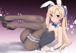  1boy akagi_kurage animal_ears bare_shoulders black_footwear black_leotard black_pantyhose blonde_hair blue_bow blue_eyes blush bow bowtie crossdressing detached_collar fake_animal_ears highres leotard long_hair male_focus male_playboy_bunny original otoko_no_ko pantyhose playboy_bunny rabbit_ears solo strapless strapless_leotard thighs twintails wrist_cuffs 