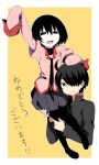  1boy 1girl :d ahoge araragi_koyomi arms_up black_eyes black_hair black_jacket black_necktie black_pantyhose black_skirt black_undershirt bob_cut breasts carrying closed_mouth commentary congratulations cropped_torso empty_eyes full_body gakuran hair_between_eyes hair_over_one_eye hand_on_another&#039;s_head hand_rest hands_on_another&#039;s_leg jacket juliet_sleeves long_sleeves looking_at_viewer monogatari_(series) naoetsu_high_school_uniform narrowed_eyes necktie no_shoes open_mouth oshino_ougi outside_border pale_skin pantyhose pink_shirt pleated_skirt puffy_sleeves school_uniform shirt short_hair shoutai_(mtj5n) simple_background sitting_on_shoulder skirt sleeves_past_fingers sleeves_past_wrists small_breasts smile translated turtleneck very_long_sleeves yellow_background 