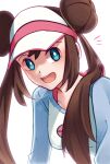  1girl :d blue_shirt bright_pupils brown_hair commentary_request double_bun green_eyes hair_bun highres long_hair mocacoffee_1001 notice_lines open_mouth pokemon pokemon_bw2 raglan_sleeves rosa_(pokemon) shirt sidelocks signature smile solo teeth tongue twintails upper_body upper_teeth_only visor_cap white_headwear white_pupils 