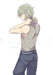  1boy black_pants closed_mouth commentary_request from_behind grey_hair hands_up male_focus martin_(rune_factory) mini_mamu pants rune_factory rune_factory_5 shirt short_hair simple_background sleeveless sleeveless_shirt sleeveless_turtleneck solo standing turtleneck twitter_username tying_hair white_background 
