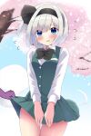  1girl blue_eyes blush buttons cherry_blossoms collared_shirt cowboy_shot day flying_sweatdrops green_skirt green_vest highres hitodama konpaku_youmu konpaku_youmu_(ghost) long_sleeves miniskirt open_mouth pleated_skirt shirt shishiky short_hair skirt solo touhou tree vest white_hair white_shirt 