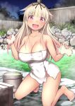  1girl :d absurdres alternate_breast_size barefoot basket blonde_hair breasts cleavage collarbone commentary_request hair_flaps hair_ribbon highres holding holding_sponge kantai_collection kneeling kuromayu large_breasts long_hair looking_at_viewer naked_towel onsen outdoors red_eyes ribbon smile solo sponge toes towel white_towel yuudachi_(kancolle) yuudachi_kai_ni_(kancolle) 