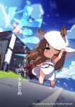  1girl animal_ears arm_up belt blue_eyes blue_sky blush bracelet brown_hair bus_stop chibi cloud cover cover_page day dress ears_through_headwear english_text floating_hair full_body grass_wonder_(umamusume) grin hat highres holding horse_ears horse_girl jewelry long_hair looking_at_viewer no_nose one_eye_closed outdoors sky sleeveless sleeveless_dress smile solo standing sun_hat thighs umamusume warashi white_dress white_headwear 