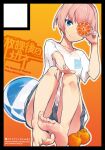  alternate_costume ball beachball blue_eyes circle_cut commentary_request dress food fruit grey_skirt kantai_collection logo one_eye_covered orange_(fruit) orange_background orange_slice pinafore_dress shiranui_(kancolle) shirt short_hair sitting skirt sleeveless sleeveless_dress smile t-shirt translation_request white_shirt wokyu_(houkago_no_megane) 