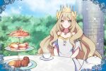  1girl bare_shoulders blonde_hair bow butterfly_hair_ornament cake celine_(fire_emblem) cookie crown cup dfhnokenbutu dress fire_emblem fire_emblem:_three_houses fire_emblem_engage food green_bow green_eyes hair_ornament long_hair looking_at_viewer official_alternate_costume outdoors plate smile solo tea_party teacup teapot tiered_tray twitter_username upper_body very_long_hair white_dress 