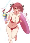  1girl absurdres anno_masato bikini breasts cleavage collarbone earrings hair_ribbon heart heart_earrings heterochromia highres holding holding_innertube holding_water_gun hololive houshou_marine innertube jewelry large_breasts long_hair looking_at_viewer navel necklace open_mouth red_bikini red_eyes red_hair ribbon simple_background smile solo stomach swimsuit twintails virtual_youtuber water water_gun white_background yellow_eyes 