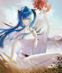  2girls absurdres arknights bare_shoulders black_wings blue_eyes blue_hair blue_nails blue_sky breasts cleavage closed_mouth cloud commentary_request day detached_wings dress fiammetta_(arknights) fuyuumikou hair_between_eyes halo hand_up highres horns long_hair looking_at_viewer looking_away looking_to_the_side medium_breasts mostima_(arknights) mountain multiple_girls nail_polish outdoors parted_lips red_eyes red_hair sitting sky sleeveless sleeveless_dress very_long_hair water white_dress wings 