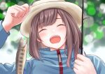  1girl :d absurdres blue_jacket blurry blurry_background blush brown_hair day facing_viewer fish fishing_rod hat highres idolmaster idolmaster_shiny_colors jacket long_sleeves outdoors smile solo tsukioka_kogane tukumo_insider upper_body zipper 