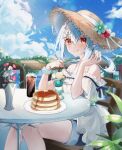  1girl :q aqua_flower blue_hair blue_shorts blue_sky blush cloud commentary_request eating flower flower_pot frilled_shirt frills glass hair_ornament hairclip hands_up hat hat_flower highres holding holding_spoon ice_cream_cup knees_together_feet_apart lens_flare long_hair looking_at_viewer low_ponytail murumuru_(pixiv51689952) on_chair original ponytail red_eyes red_flower scrunchie shirt shorts sitting sky solo spoon straw_hat sun_hat tongue tongue_out white_shirt wrist_scrunchie x_hair_ornament 