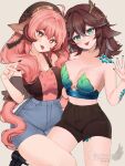  2girls absurdres ahoge animal_ears antlers asymmetrical_docking breast_press breasts brown_eyes brown_hair bustier cleavage cowboy_shot deer_ears denim denim_shorts floppy_ears green_eyes heart heart-shaped_pupils highres indie_virtual_youtuber large_breasts long_hair midriff multiple_girls pink_hair scales shirt_tucked_in short_shorts shorts simple_background sky_above_me smile sugi_aoki sugoinat symbol-shaped_pupils tongue tongue_out very_long_hair wide_hips 