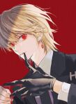  1boy absurdres biting black_gloves blonde_hair collared_shirt earrings formal from_side glove_biting gloves hair_between_eyes highres hunter_x_hunter jewelry kurapika looking_at_viewer male_focus minato_x3710 necktie red_background red_eyes shirt short_hair simple_background solo suit upper_body white_shirt 