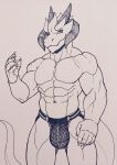  absurd_res anthro bulge claws clothed clothing dragon hi_res horn jockstrap male muscular muscular_anthro muscular_male nameless00 pecs solo topless traditional_media_(artwork) underwear 