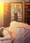  absurdres black_pants brown_hair closed_eyes collared_shirt food highres holding holding_tray ilay_riegrow jeong_taeui light_smile male_focus nipples o_ssion opening_door pants passion_(manhwa) pillow shelf shirt sleeping slippers tray white_hair yaoi 
