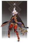  1girl absurdres cape claws full_body fur_cape highres looking_at_viewer mechanical_legs original ponytail solo tan white_hair yelansu yellow_eyes 