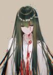 1other androgynous blood blood_on_clothes blood_on_face commentary corruption enkidu_(fate) eyebrows_hidden_by_hair fate/grand_order fate_(series) green_eyes green_hair heterochromia highres kingu_(fate) leria_v long_hair other_focus purple_eyes solo upper_body 